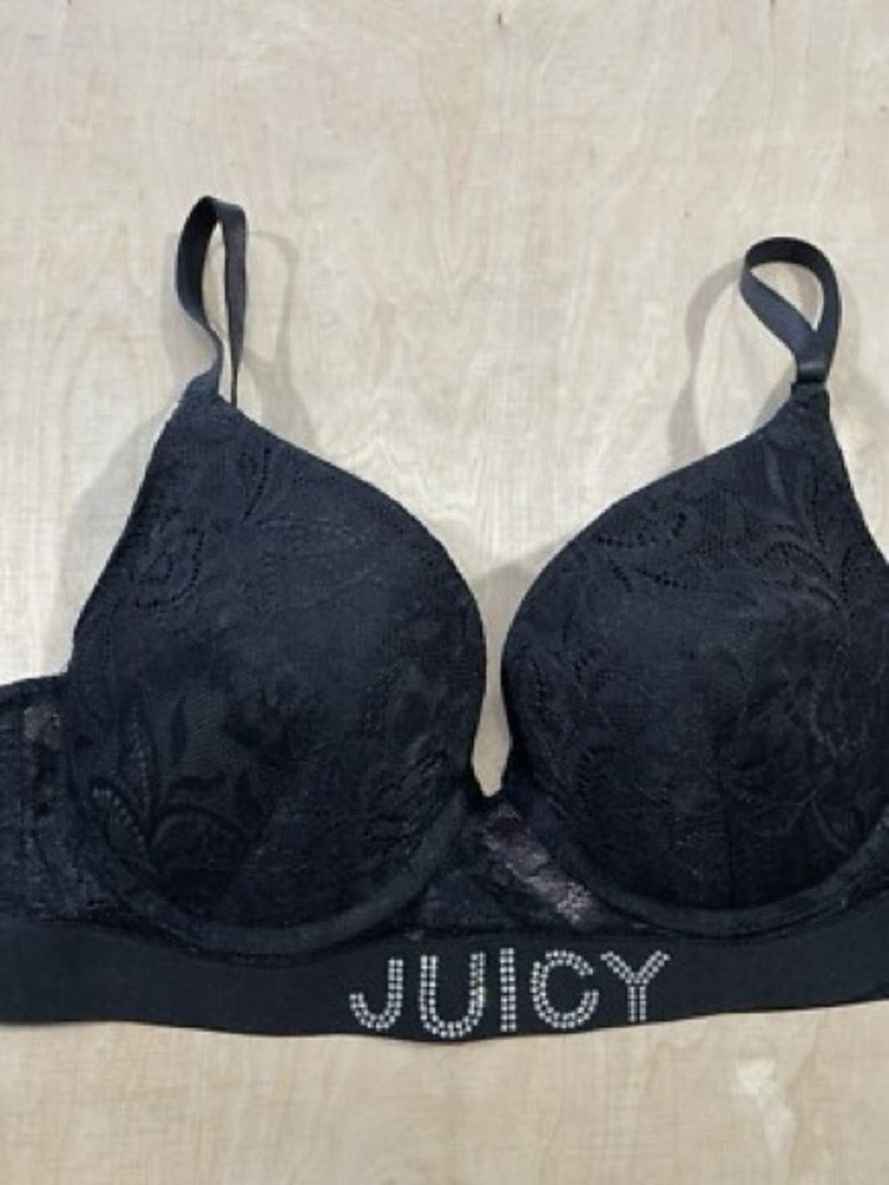 Juicy Couture Black Lace Padded Bra with Rhinestone JUICY Logo